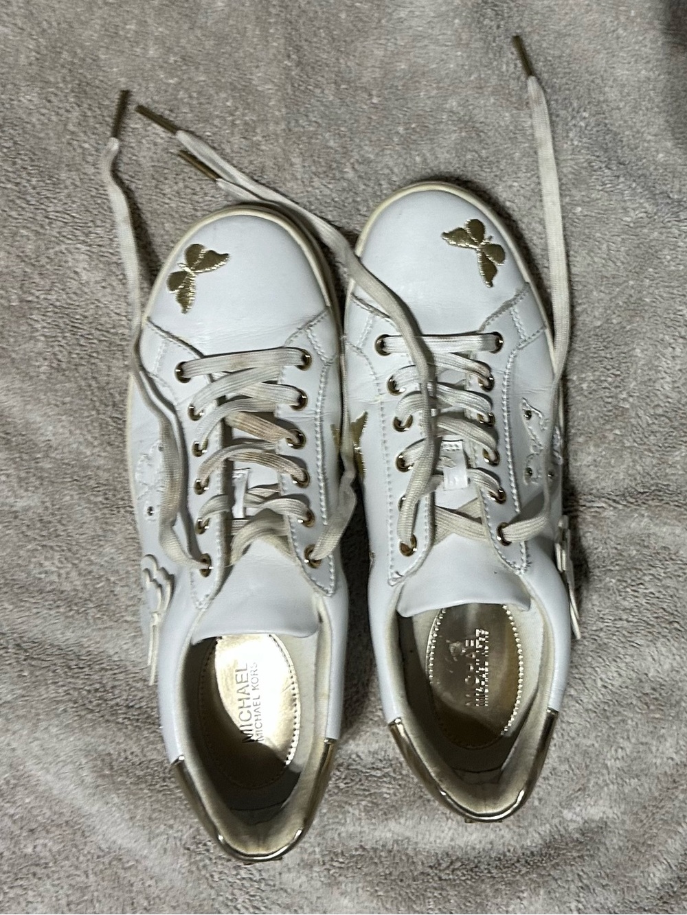 Michael Kors White Leather Sneakers with Gold Butterfly Accents